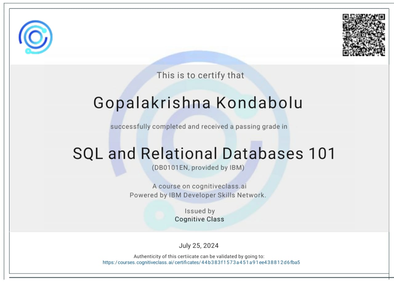 Cognitive Class IBM SQL and Relational Databases 101 Certificate